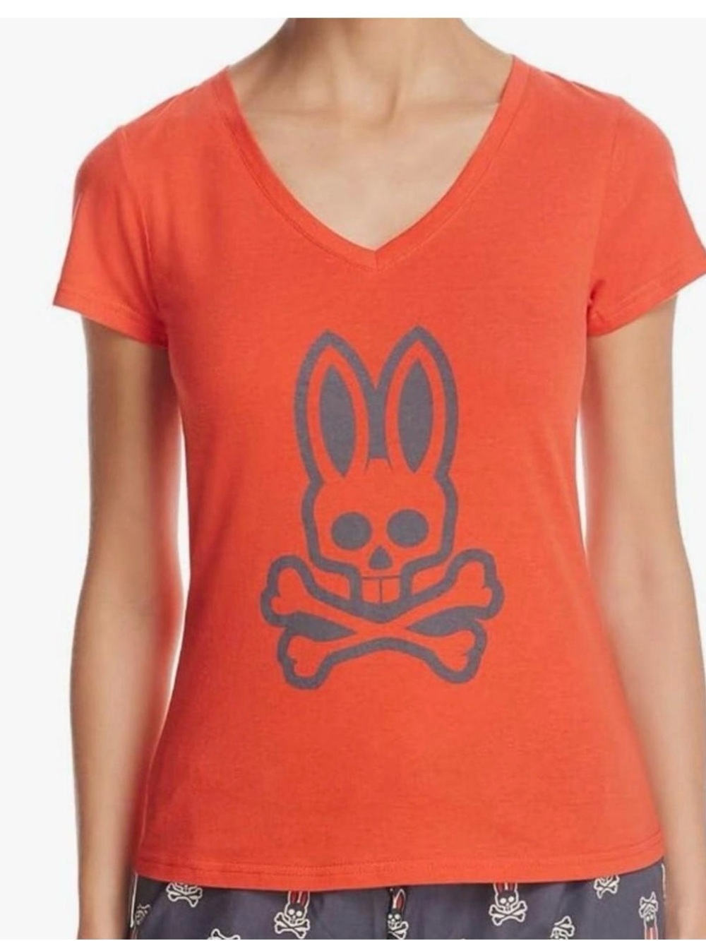 Psycho Bunny Orange V-Neck Tee with Gray Bunny Skull Graphic